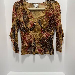 IZY BYER CALIFORNIA Vintage Brown Paisley Floral Print Fabric Bell Sleeve Top